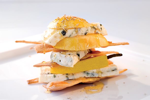 Creamy Blue Cheese Stack with a hint of honey and Tucker's Natural Vanilla Dessert Biscuits