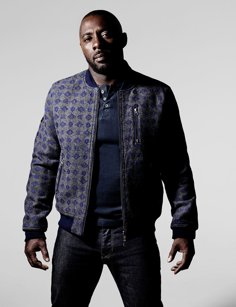 IDRIS ELBA + SUPERDRY COLLECTION LAUNCHES 26.11.15 - IDRIS WEARS THE REVERSIBLE MONOGRAM BOMBER £250, LEADING GRANDAD £45, IE CLASSIC BLUE JEAN £85 - PHOTOGRAPHED BY RANKIN