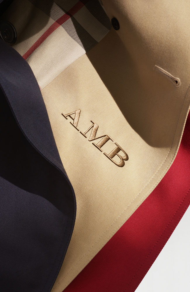 Initial Monogramming on the Iconic made-in-England Heritage Trench Coats with your choice of 15 thread colours